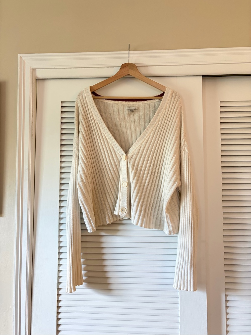 American Eagle Outfitters Ivory Ribbed Cropped Button Cardigan